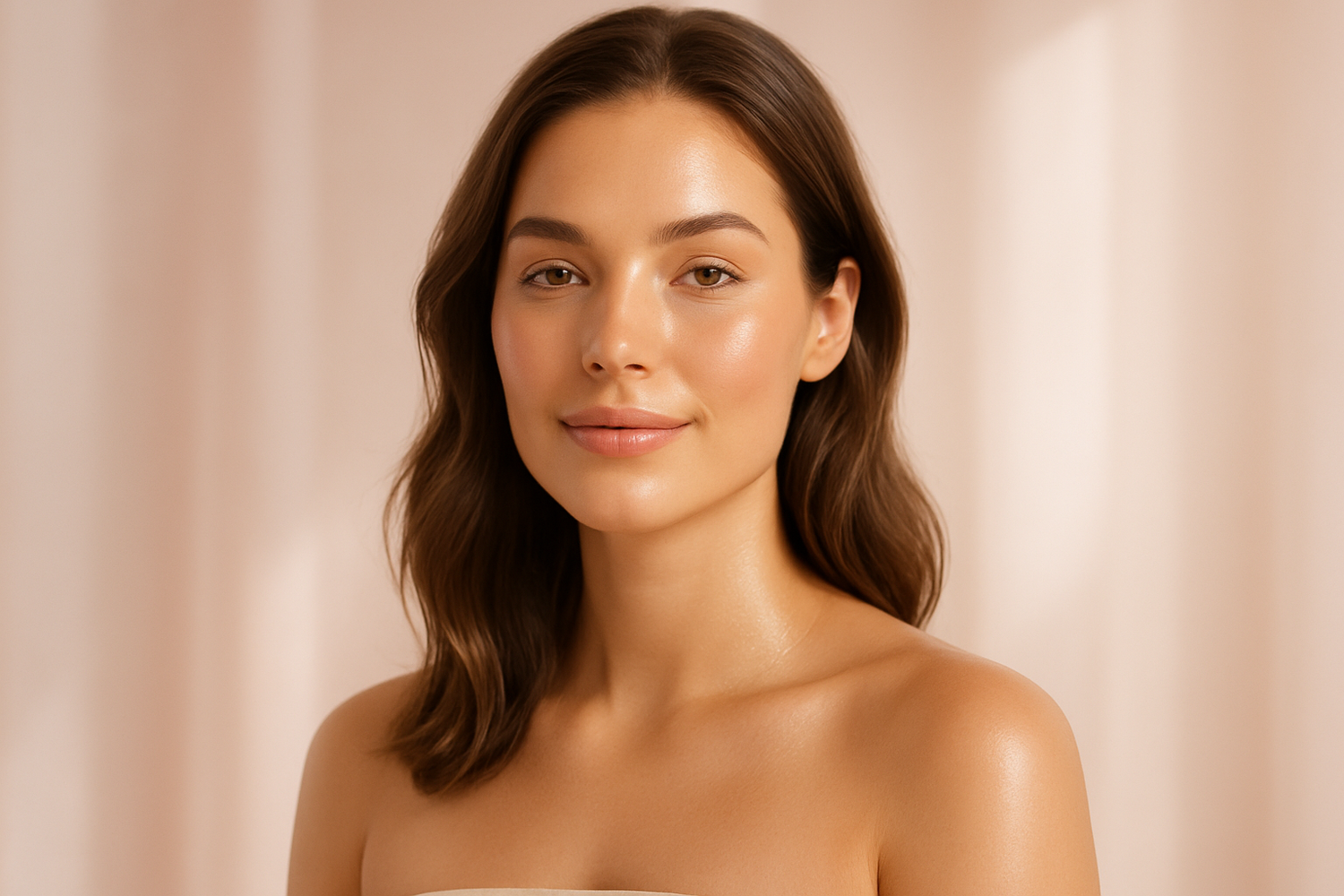 A confident young woman with glowing natural skin, soft radiant hair, and light makeup, surrounded by pastel tones (rose, nude, ivory). Minimalist luxury aesthetic with a spa-like atmosphere, soft lighting, evoking purity, beauty, and self-care. High-end beauty photography style.